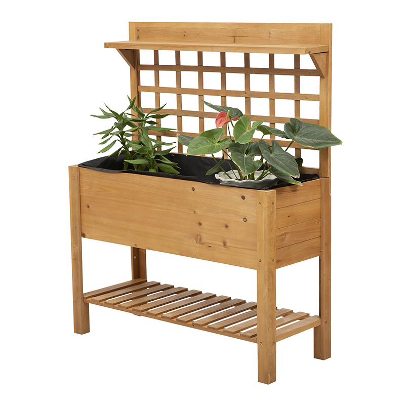 سرير مرتفع للحديقة مقاس 41 بوصة × 18 بوصة × 53 بوصة مزود برف وعجلات من الخشب الصلب وصناديق أعشاب الزهور للخضروات في الهواء الطلق / داخلي - بني {$ vo.title | str_replace = '