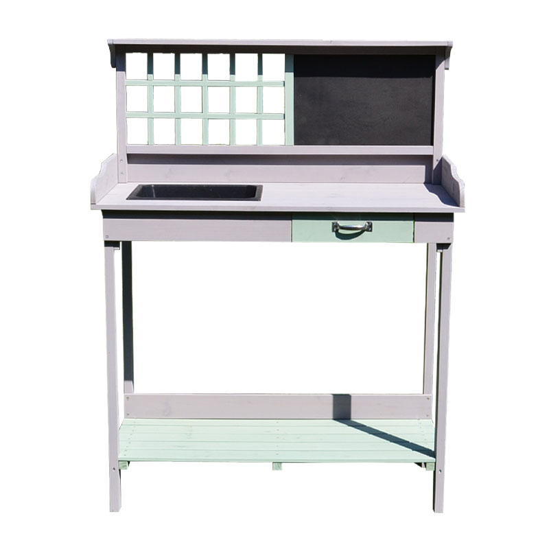 طاولة بوتينج خشبية خارجية مع حوض قابل للإزالة ، محطة عمل حديقة مع لوح طباشير ، درج ، تخزين برف مفتوح {$ vo.title | str_replace = '